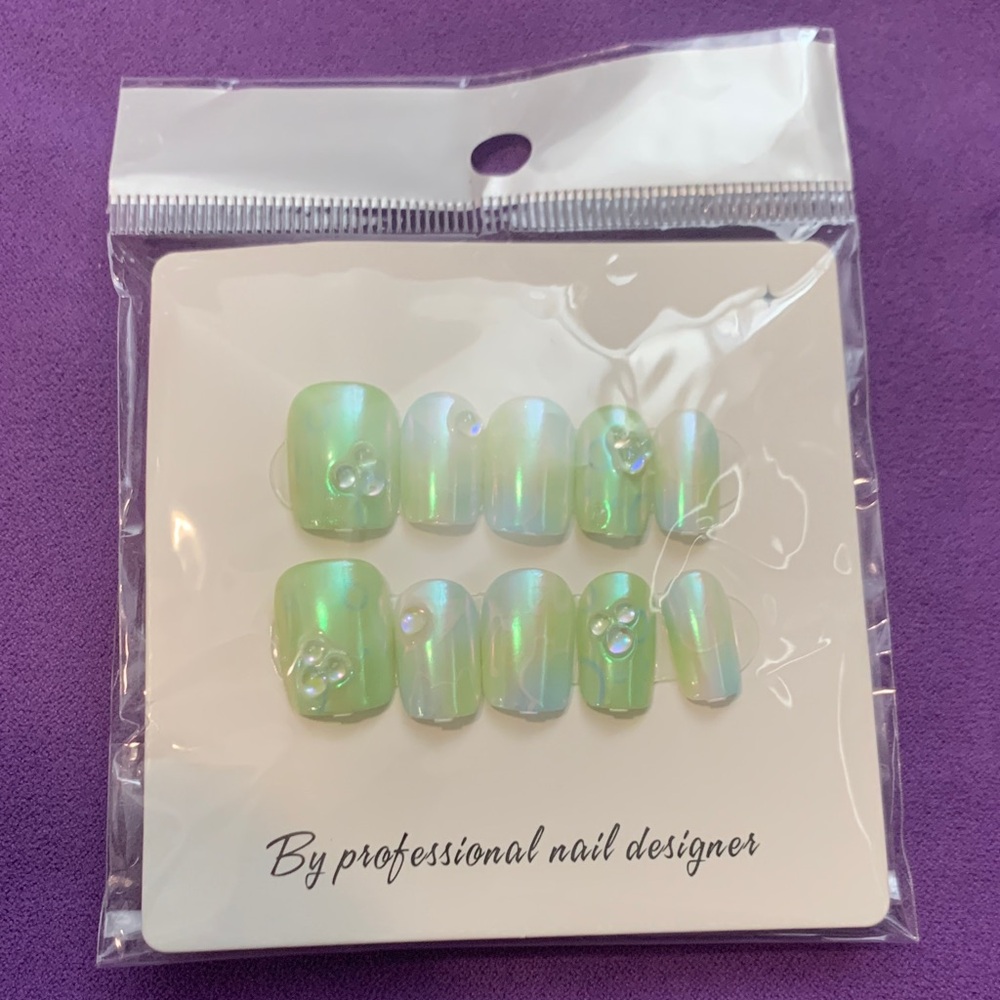 New Iridescent Green Press-On Nails with Rhinestones